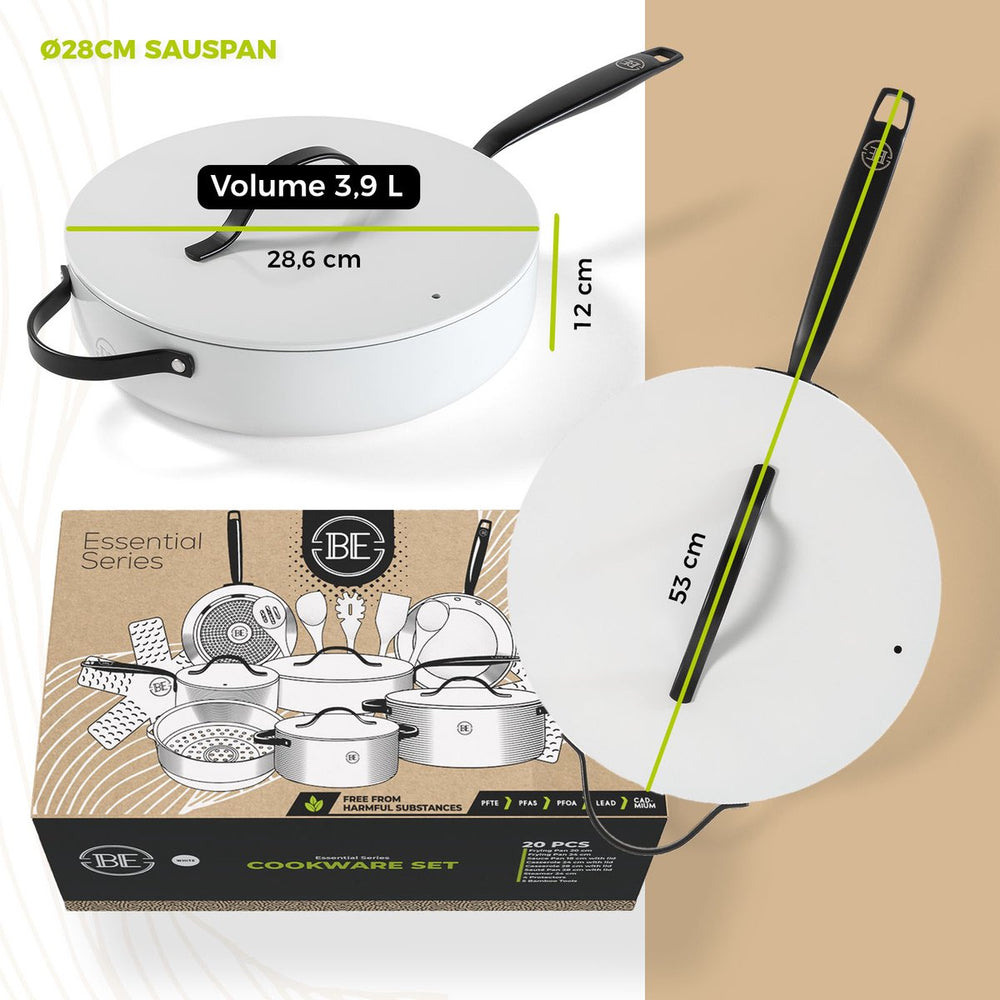 BE Living Cookware set - 20-piece - Essential - Ceramic non-stick coating - Suitable for all heat sources - White