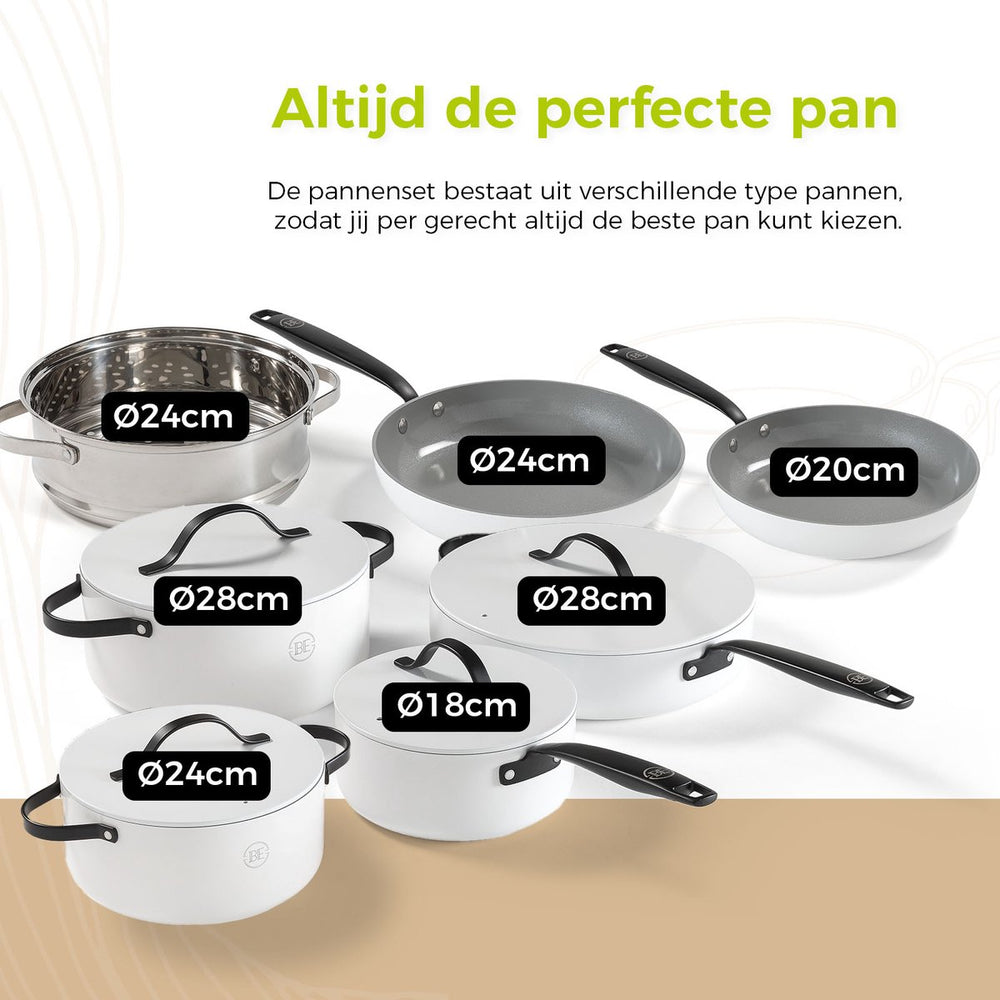 BE Living Cookware set - 20-piece - Essential - Ceramic non-stick coating - Suitable for all heat sources - White