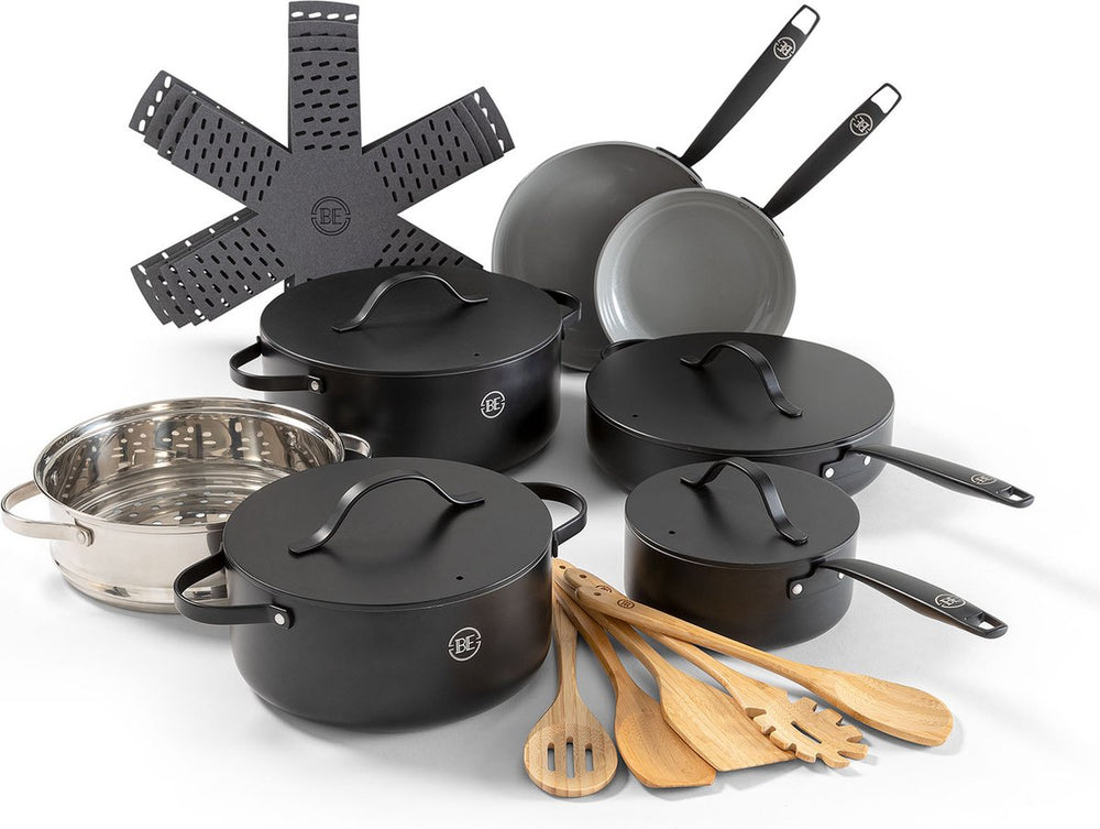 BE Living Cookware set - 20-piece - Essential - Ceramic non-stick coating - Suitable for all heat sources - Black