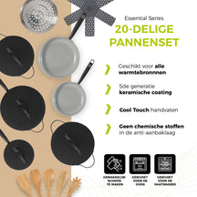 BE Living Cookware set - 20-piece - Essential - Ceramic non-stick coating - Suitable for all heat sources - Black