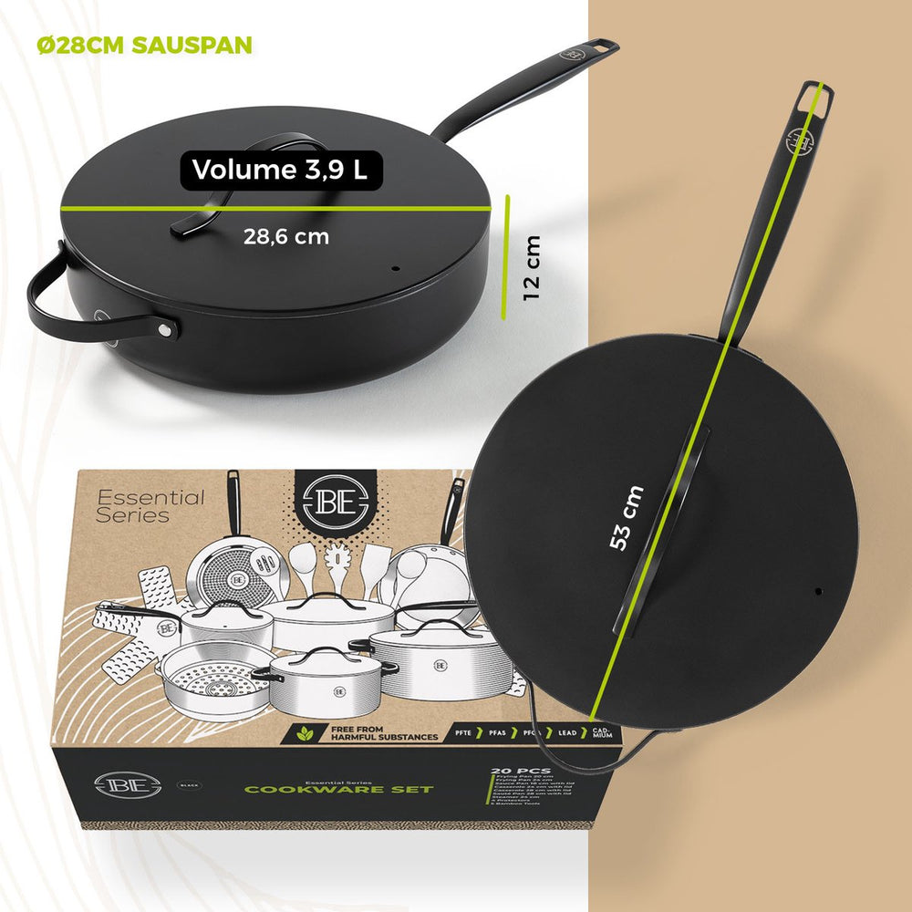 BE Living Cookware set - 20-piece - Essential - Ceramic non-stick coating - Suitable for all heat sources - Black