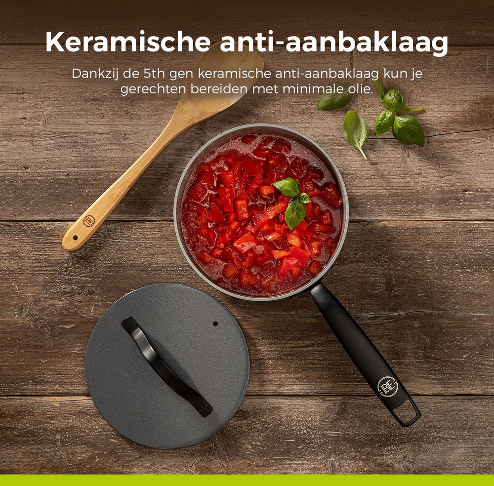 BE Living sauce pan with Lid - Ø 18cm - Ceramic non-stick coating - PFAS free - Suitable for all heat sources - Grey