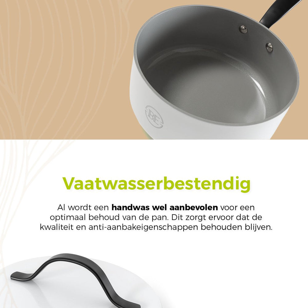 BE Living sauce pan with Lid - Ø 18cm - Ceramic non-stick coating - PFAS free - Suitable for all heat sources - White