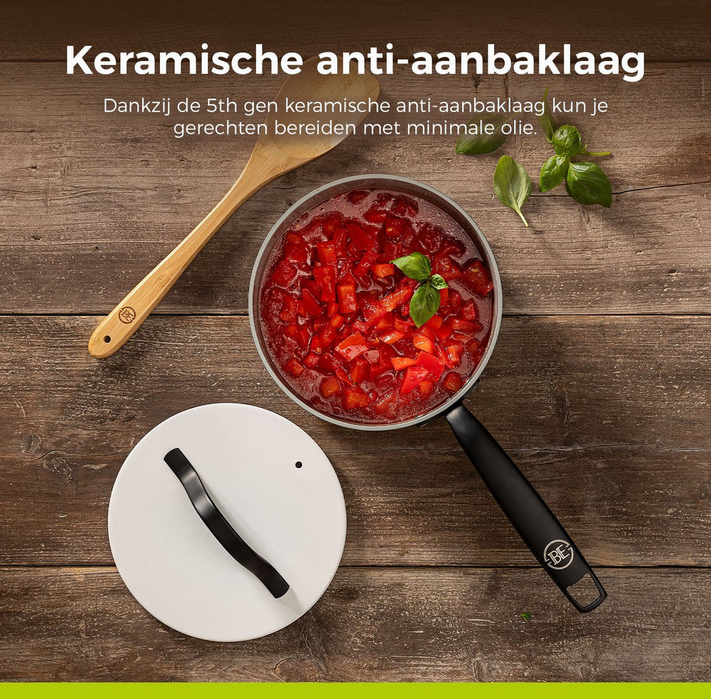 BE Living sauce pan with Lid - Ø 18cm - Ceramic non-stick coating - PFAS free - Suitable for all heat sources - White