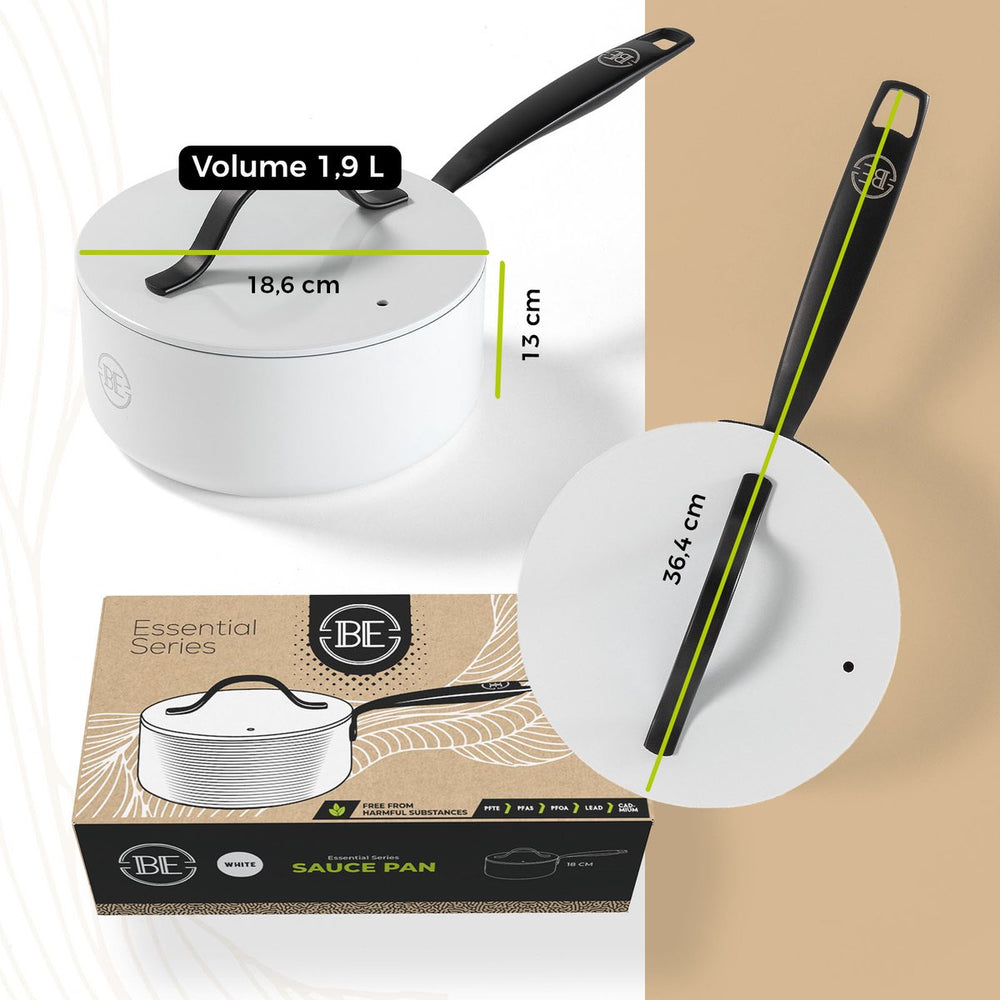 BE Living sauce pan with Lid - Ø 18cm - Ceramic non-stick coating - PFAS free - Suitable for all heat sources - White