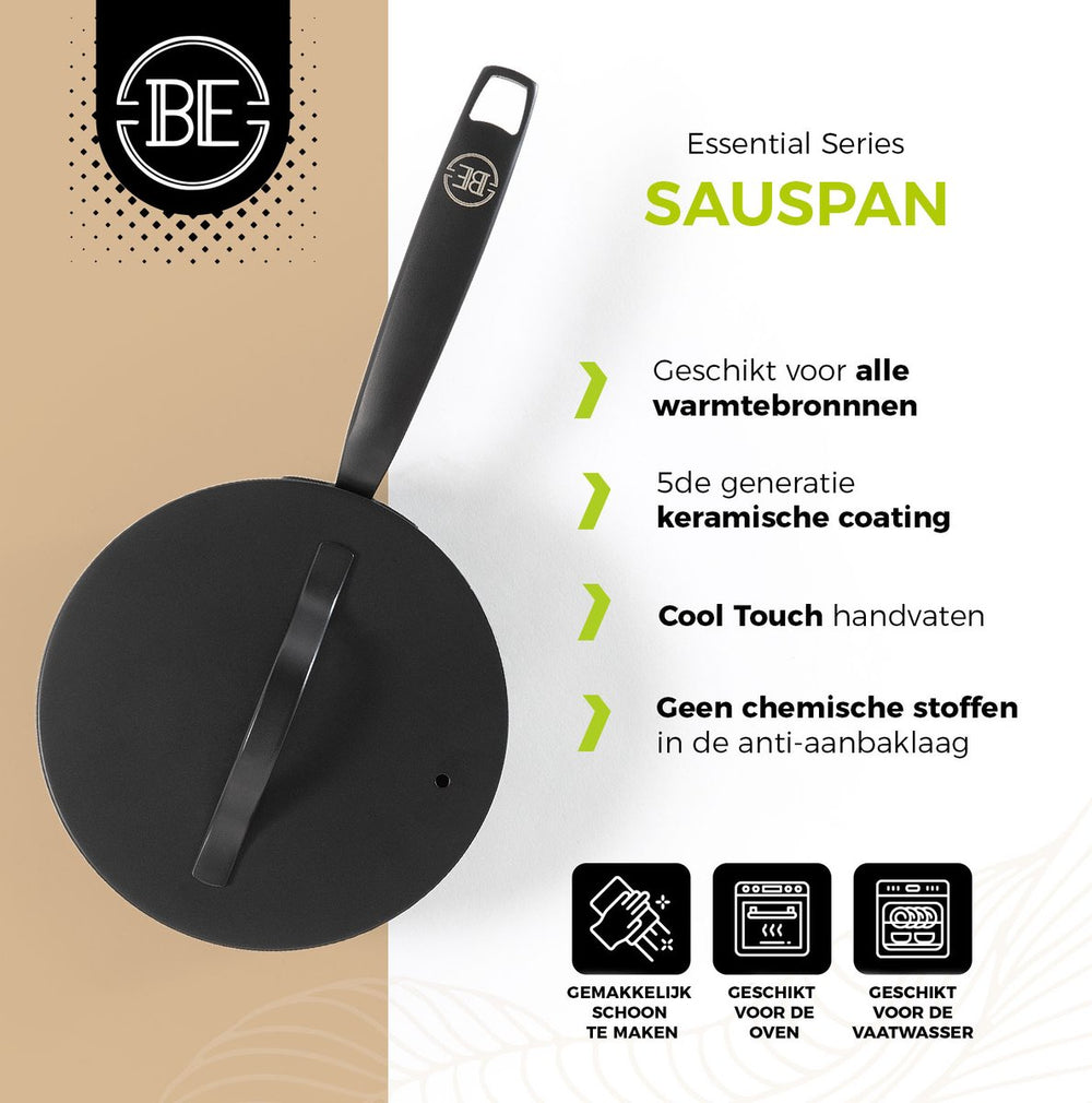 BE Living sauce pan with Lid - Ø 18cm - Ceramic non-stick coating - PFAS free - Suitable for all heat sources - Black