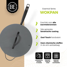 BE Living Wok pan with Lid - Ø 30 cm -. Ceramic non-stick coating - PFAS free - Suitable for all heat sources - Grey