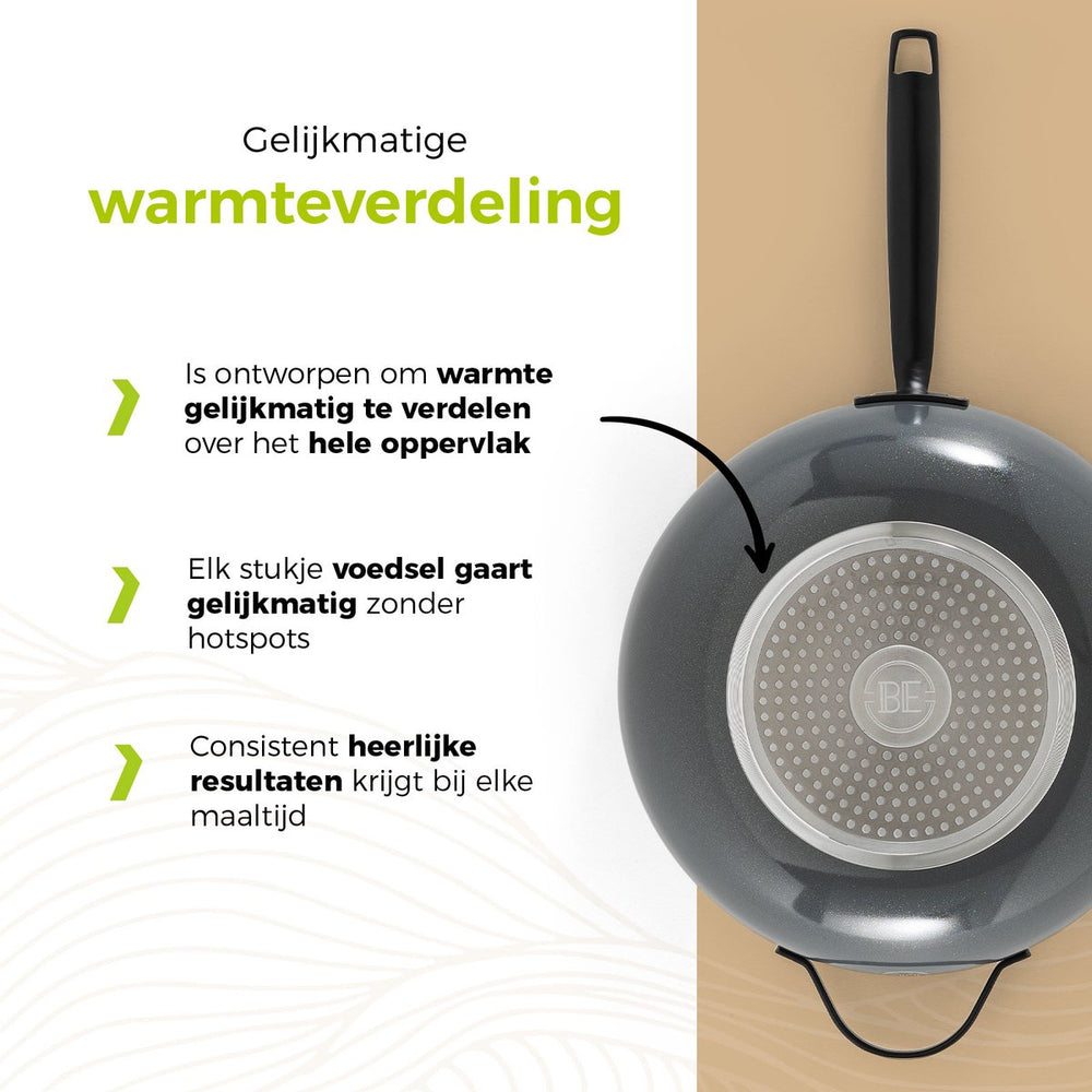 BE Living Wok pan with Lid - Ø 30 cm -. Ceramic non-stick coating - PFAS free - Suitable for all heat sources - Grey