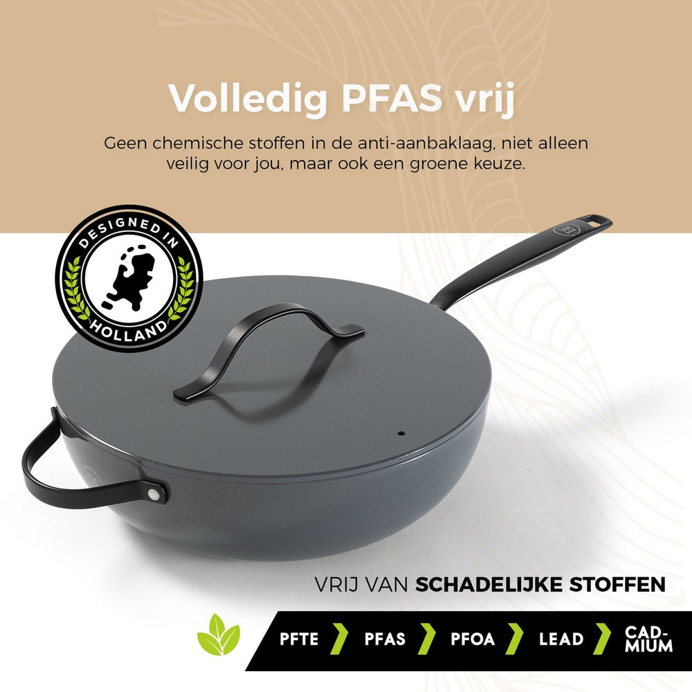 BE Living Wok pan with Lid - Ø 30 cm -. Ceramic non-stick coating - PFAS free - Suitable for all heat sources - Grey