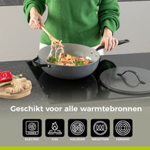 BE Living Wok pan with Lid - Ø 30 cm -. Ceramic non-stick coating - PFAS free - Suitable for all heat sources - Grey