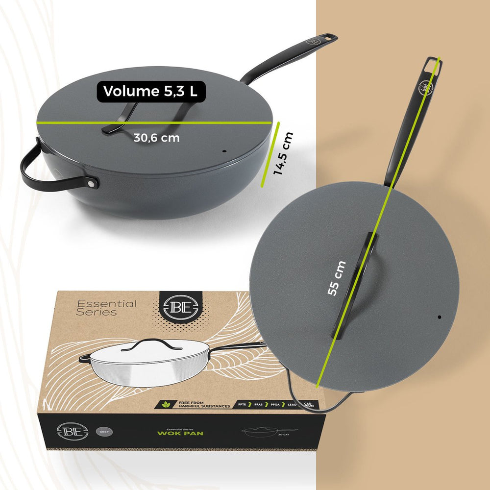 BE Living Wok pan with Lid - Ø 30 cm -. Ceramic non-stick coating - PFAS free - Suitable for all heat sources - Grey