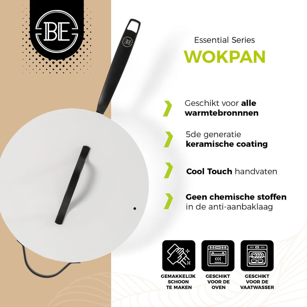 BE Living Wok pan with Lid - Ø 30 cm -. Ceramic non-stick coating - PFAS free - Suitable for all heat sources - White