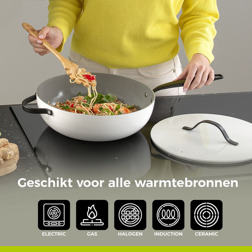 BE Living Wok pan with Lid - Ø 30 cm -. Ceramic non-stick coating - PFAS free - Suitable for all heat sources - White