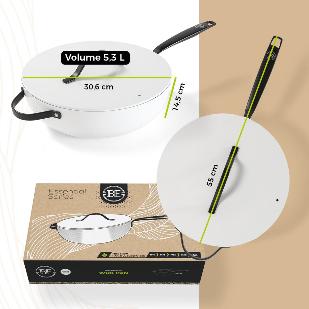 BE Living Wok pan with Lid - Ø 30 cm -. Ceramic non-stick coating - PFAS free - Suitable for all heat sources - White