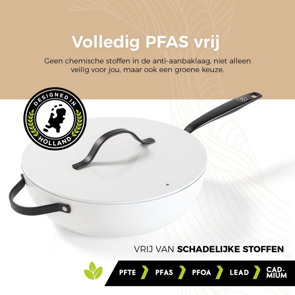 BE Living Wok pan with Lid - Ø 30 cm -. Ceramic non-stick coating - PFAS free - Suitable for all heat sources - White