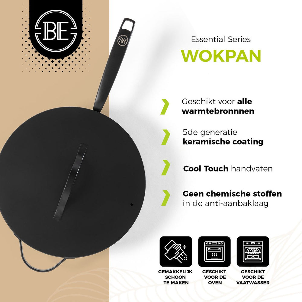 BE Living Wok pan with Lid - Ø 30 cm -. Ceramic non-stick coating - PFAS free - Suitable for all heat sources - Black