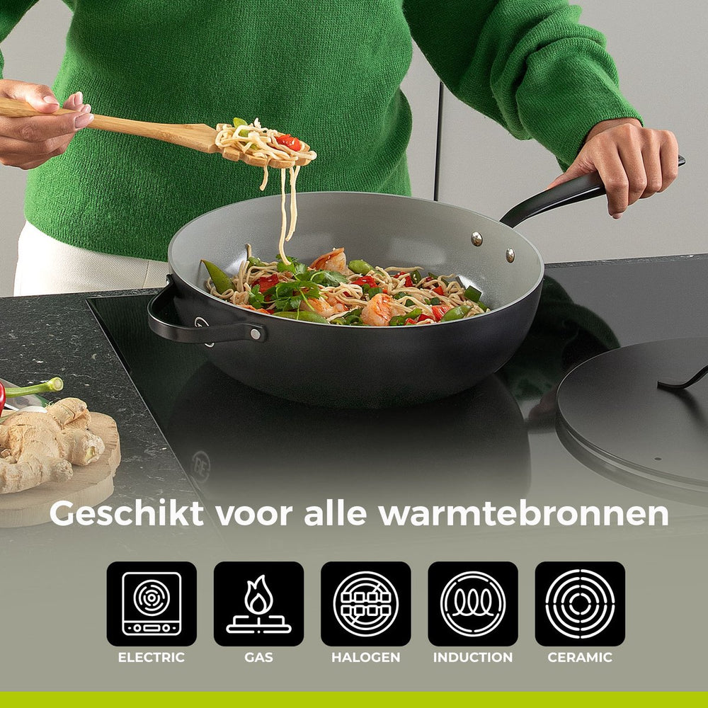 BE Living Wok pan with Lid - Ø 30 cm -. Ceramic non-stick coating - PFAS free - Suitable for all heat sources - Black