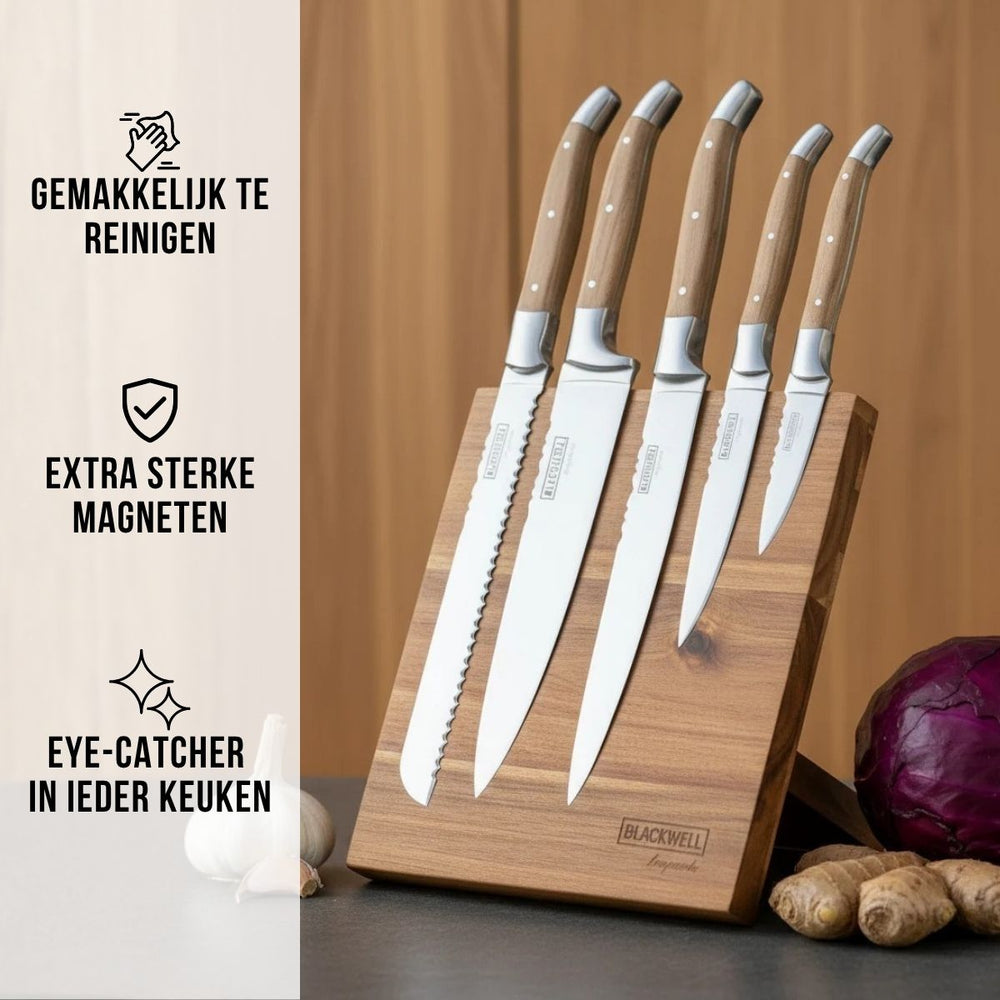 Blackwell Knife Block - Laguiole - Olive Wood - Chef's Knife, Bread Knife, Meat Knife, Office Knife & Paring Knife 6-piece