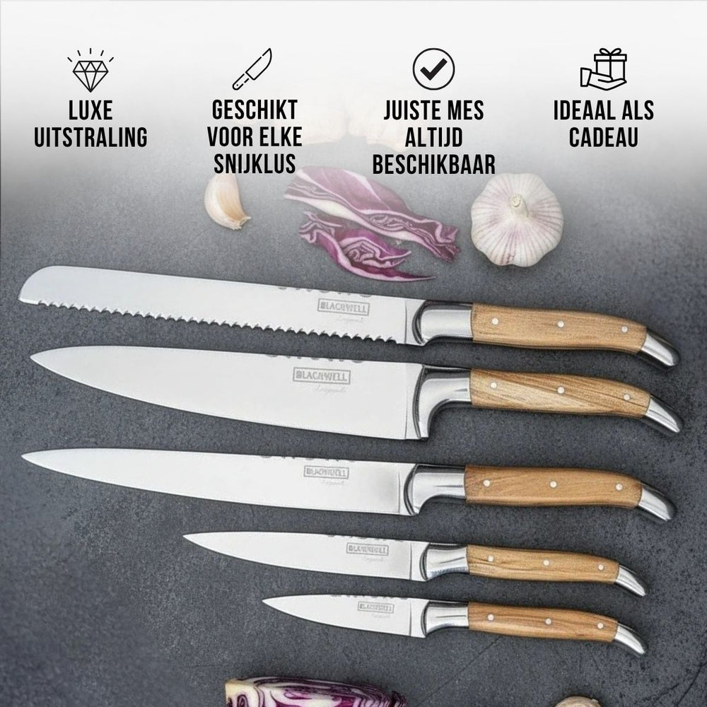 Blackwell Knife Block - Laguiole - Olive Wood - Chef's Knife, Bread Knife, Meat Knife, Office Knife & Paring Knife 6-piece