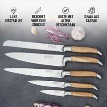 Blackwell Knife Block - Laguiole - Olive Wood - Chef's Knife, Bread Knife, Meat Knife, Office Knife & Paring Knife 6-piece