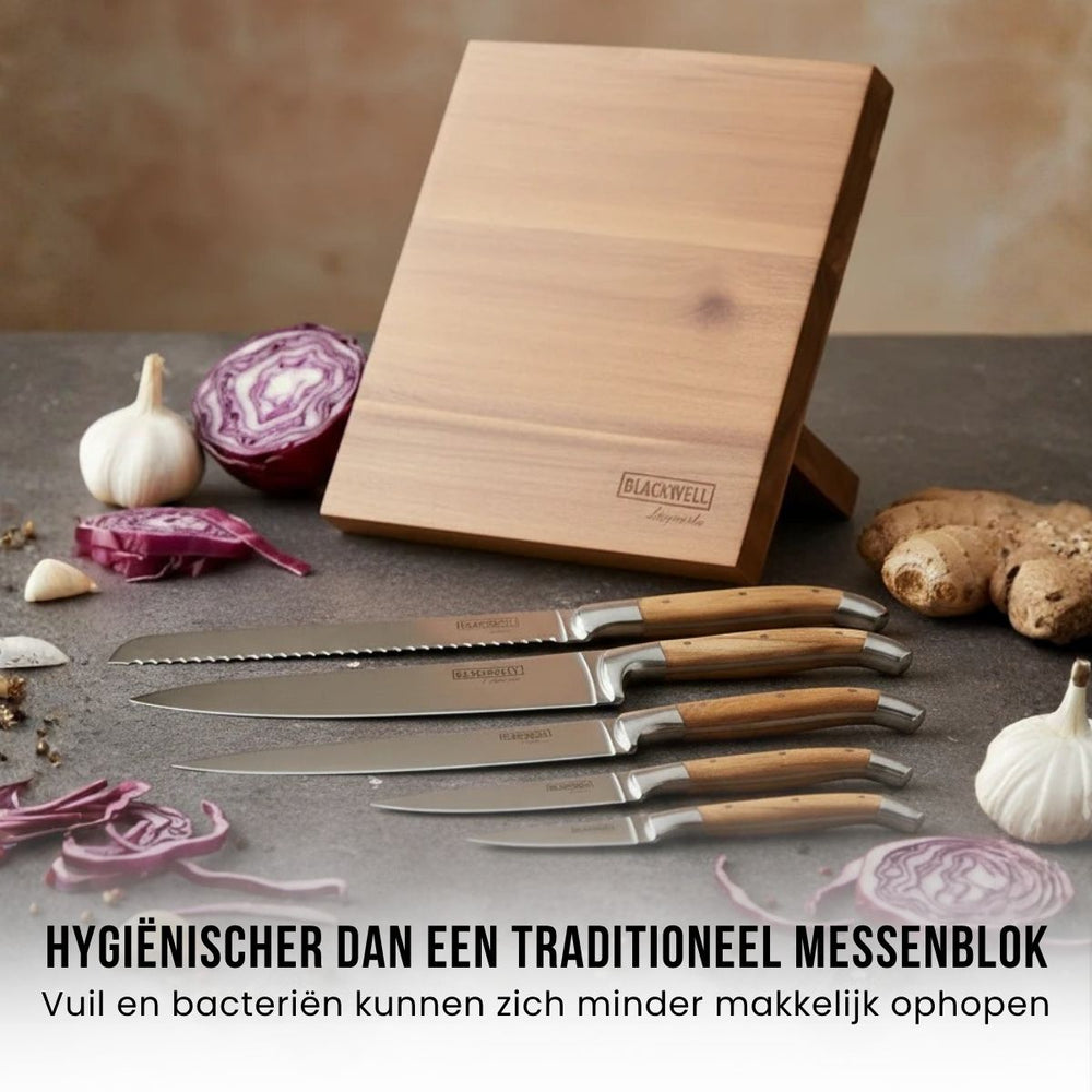 Blackwell Knife Block - Laguiole - Olive Wood - Chef's Knife, Bread Knife, Meat Knife, Office Knife & Paring Knife 6-piece