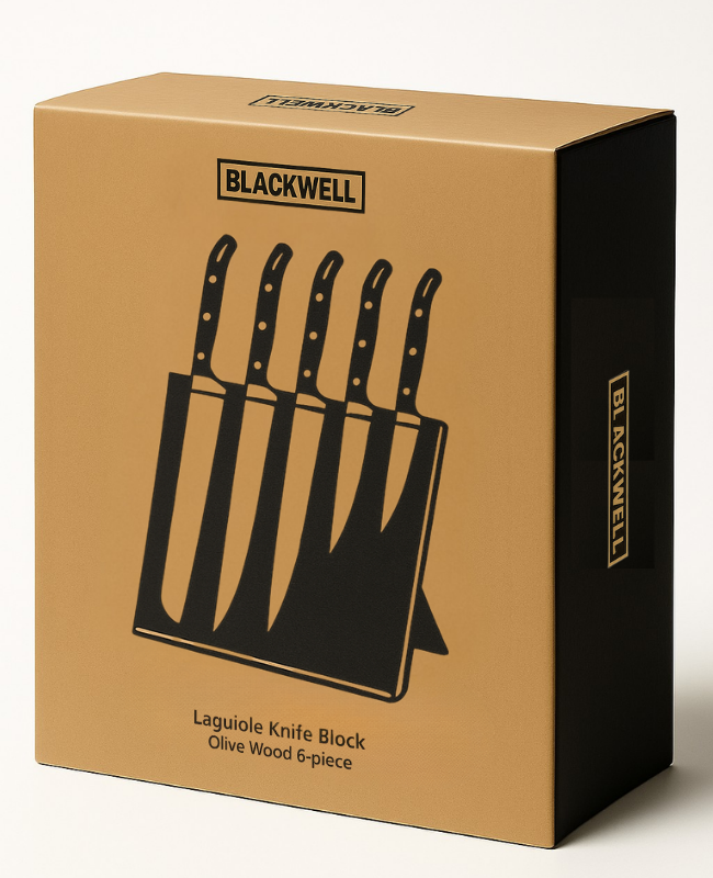 Blackwell Knife Block - Laguiole - Olive Wood - Chef's Knife, Bread Knife, Meat Knife, Office Knife & Paring Knife 6-piece