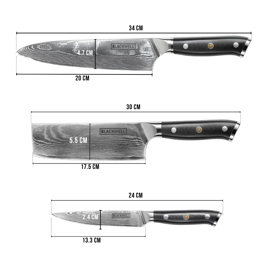 Blackwell Knife Set (Chef's knife + vegetable knife + office knive) ) - Japanese style - 67 layers damask steel - VG10 - 3 piece