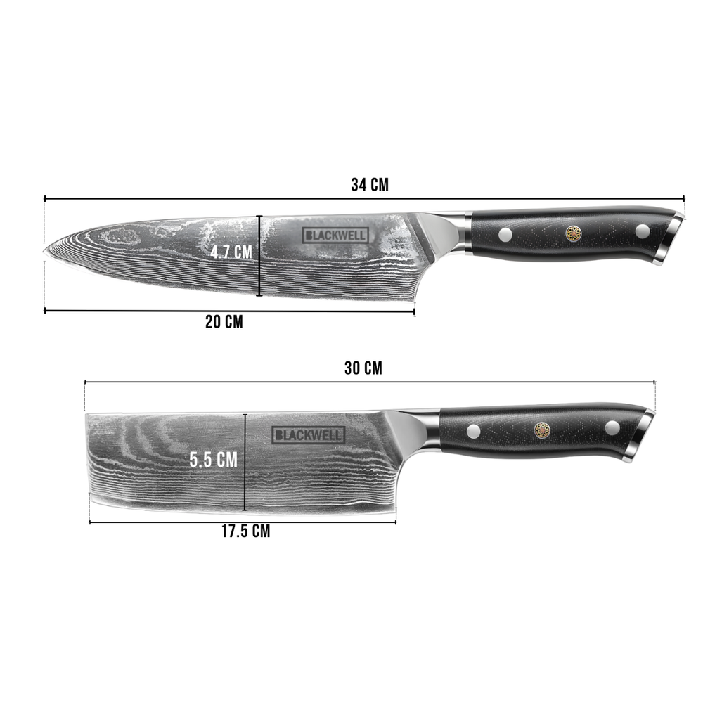 Blackwell Knife Set (Chef's knife + vegetable knife/Nakiri) - Japanese style - 67 layers damask steel - VG10 - 2-piece