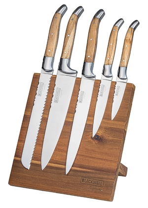 Blackwell Knife Block - Laguiole - Olive Wood - Chef's Knife, Bread Knife, Meat Knife, Office Knife & Paring Knife 6-piece