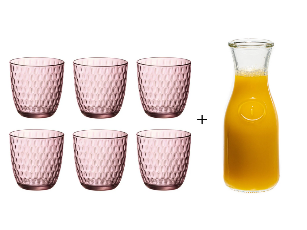 Bormioli Rocco Glass Slot Pink 290 ml - 6 pieces + Cookinglife Carafe 1 Liter