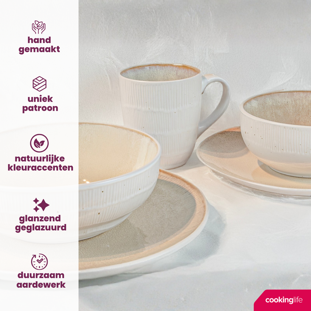 Cookinglife Tableware Set Nola Sand Reactive Glaze 18-piece / 6 people - 6 dinner plates, 6 side plates, and 6 bowls