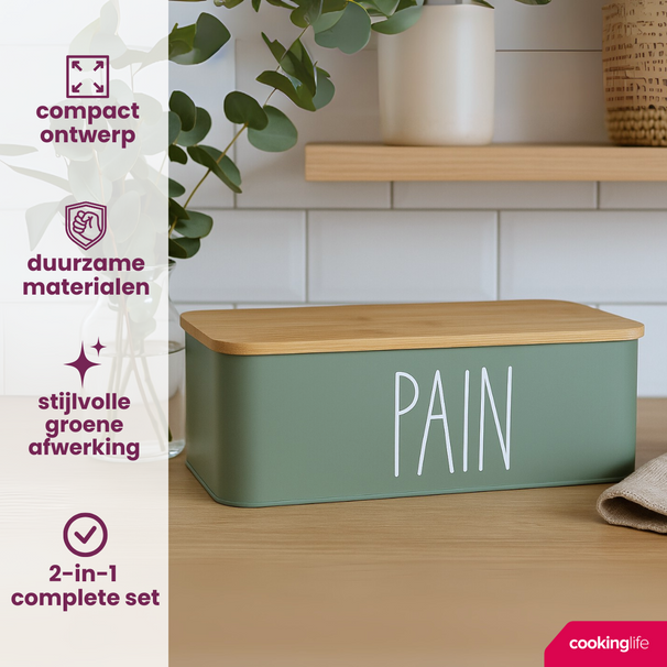 Cookinglife Bread Box with Bamboo Cutting Board - Green