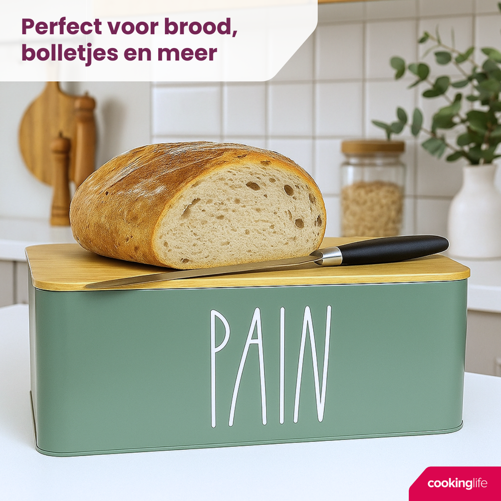 Cookinglife Bread Box with Bamboo Cutting Board - Green