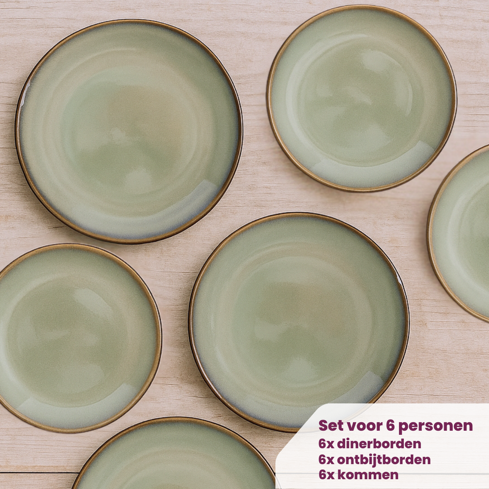 Cookinglife Dinnerware Set Sabi Green 18-piece / 6 people - 6 dinner plates, 6 side plates, and 6 bowls