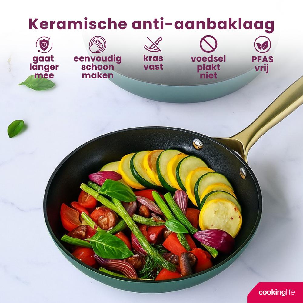 Cookinglife Frying Pan Set Style Green - ø 24 & 28 cm - ceramic non-stick coating - suitable for all heat sources
