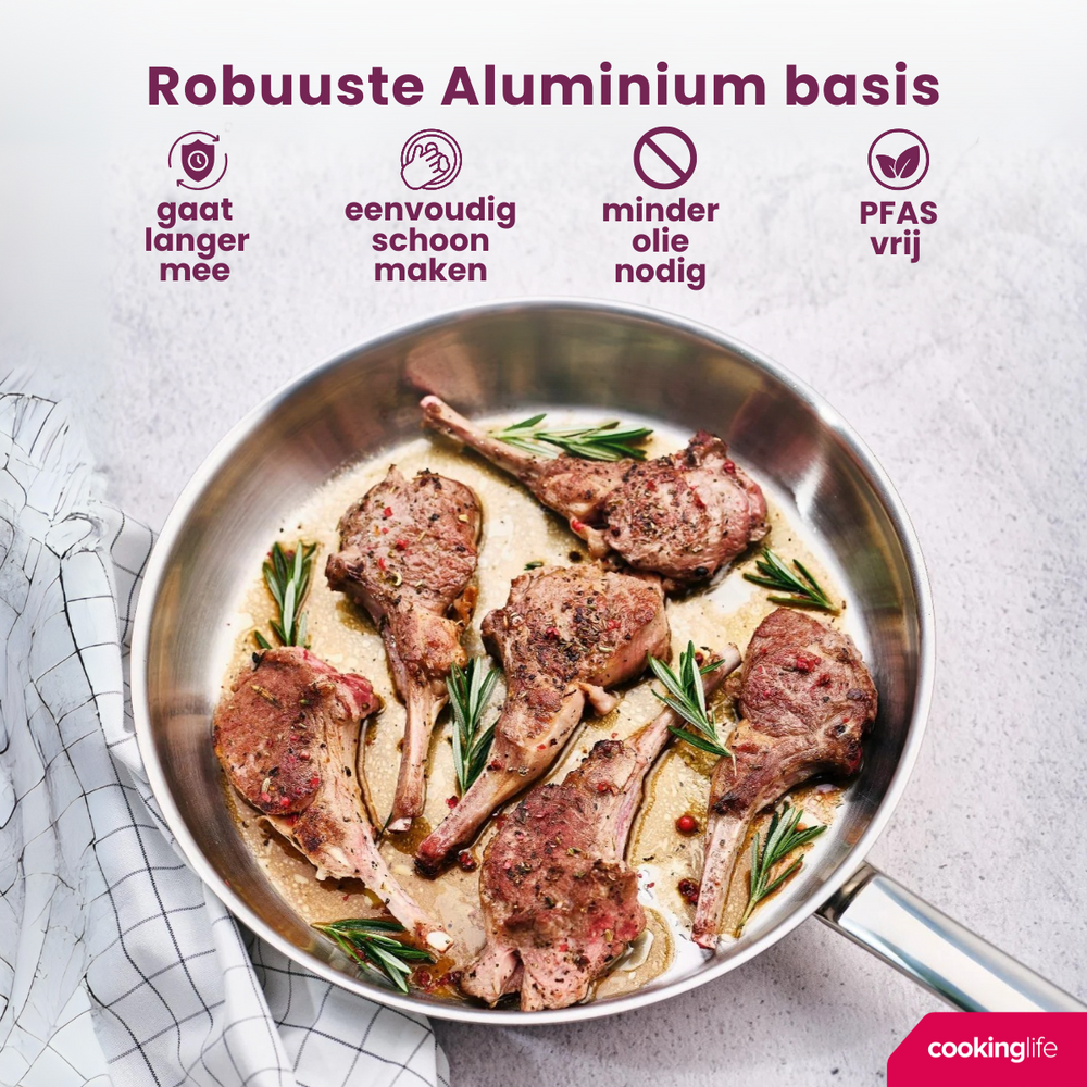 Cookinglife Frying Pan Superior Stainless Steel ø 28 cm - without non-stick coating - suitable for all heat sources - PFAS-free