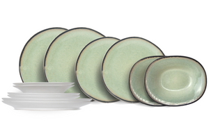 Cosy & Trendy Dinnerware Set Fez - Green - 12 pieces / 4 people - 4 dinner plates, 4 side plates, and 4 pasta bowls