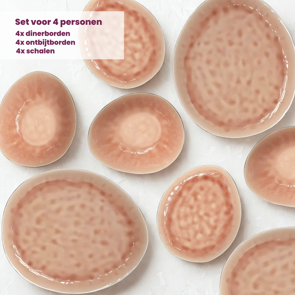 Cosy & Trendy Dinnerware Set Laguna Old Rose 12-Piece / 4 people - 4 dinner plates, 4 side plates, and 4 bowls