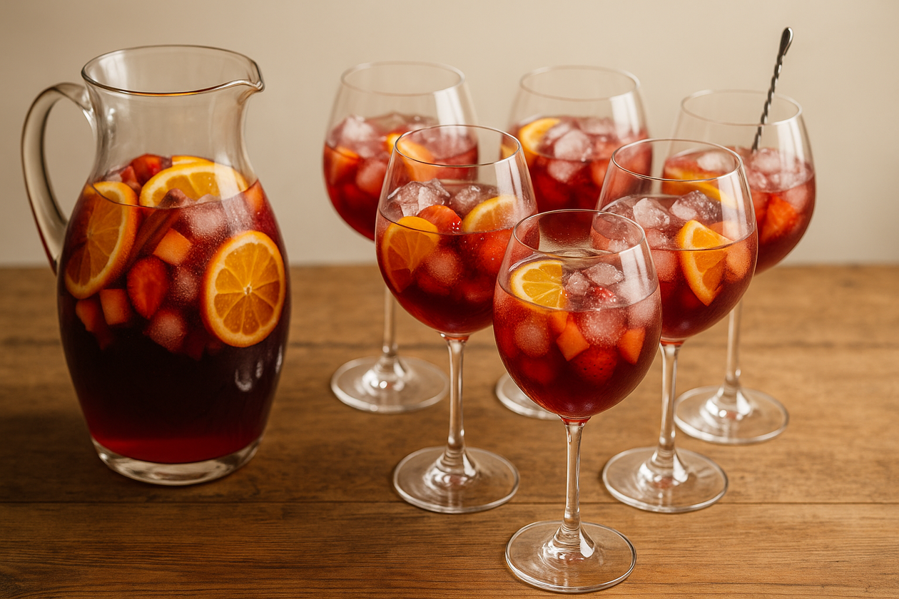 Zonnige sangria met rood fruit, citrus en een vleugje likeur. Gemaakt om te delen: één karaf van 1,6 liter serveert comfortabel 6 royale glazen (700 ml) gevuld met veel ijs en fruit.