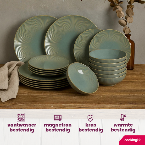 Cookinglife Dinnerware set Coastal Lines Seagrass Green 18-Piece
