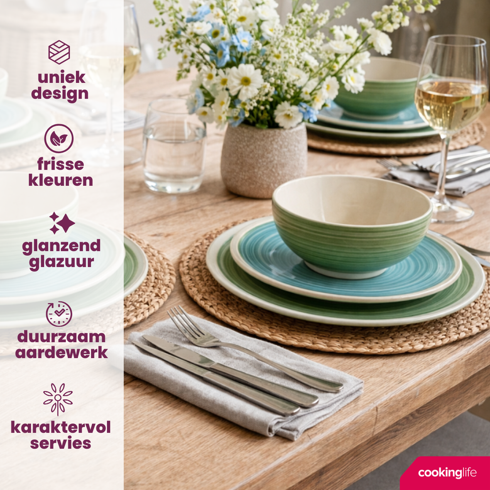 Cookinglife Dinnerware Set Ocean Green 12-Piece / 4 Persons - 4 dinner plates, 4 breakfast plates and 4 bowls