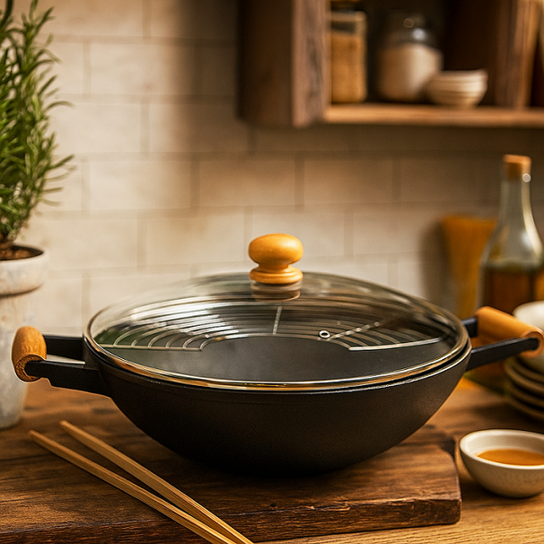 Cookinglife Wok pan - with cookware - Cast Iron - ø 36 cm / 6.5 Liters - Enameled non-stick coating