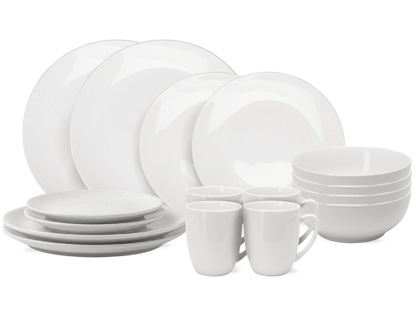 Cookinglife Dinnerware Set Porcelain White 16-piece / 4 people - 4 dinner plates, 4 side plates, 4 bowls, and 4 mugs