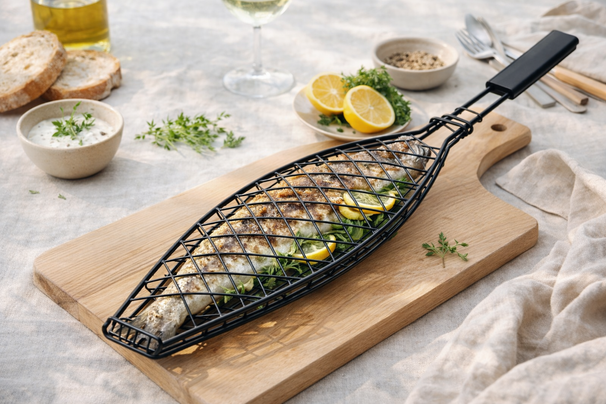 Cookinglife BBQ Fish Grill Fire & Flavour - Non-Stick Metal - Grilling Fish and Vegetables