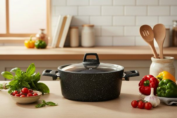 Cookinglife Cooking Pot with Lid - Black Speckle - Aluminum ø 20 cm / 2.7 liters - Suitable for all heat sources - standard non-stick coating