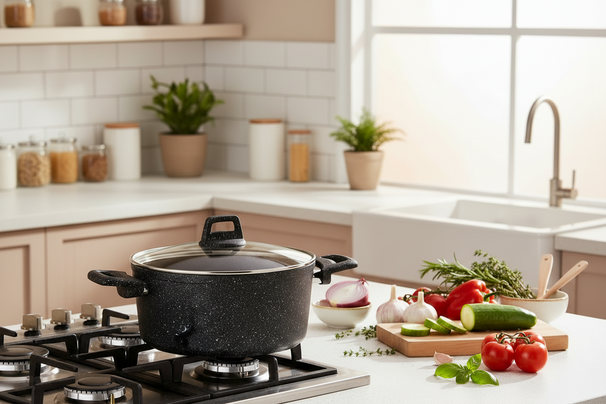Cookinglife Cooking Pot with Lid - Black Speckle - Aluminum Ø 22 cm / 3.5 Liters - Suitable for all heat sources - standard non-stick coating