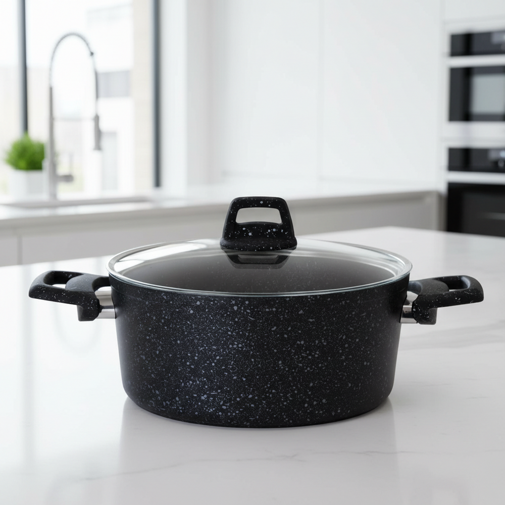 Cookinglife Cooking Pot with Lid - Black Speckle - Aluminum Ø 22 cm / 3.5 Liters - Suitable for all heat sources - standard non-stick coating
