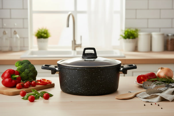 Cookinglife Cooking Pot with Lid - Black Speckle - Aluminium Ø 24 cm / 4.4 Liters - Suitable for all heat sources - standard non-stick coating