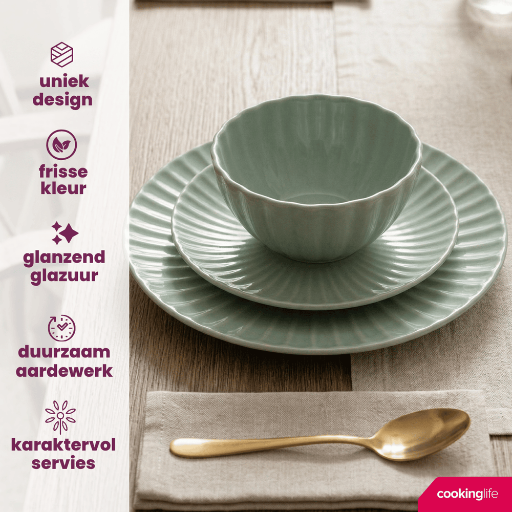 Cookinglife Dinnerware Set Cardida Green 18-piece / 6 people - 6 dinner plates, 6 side plates and 6 bowls