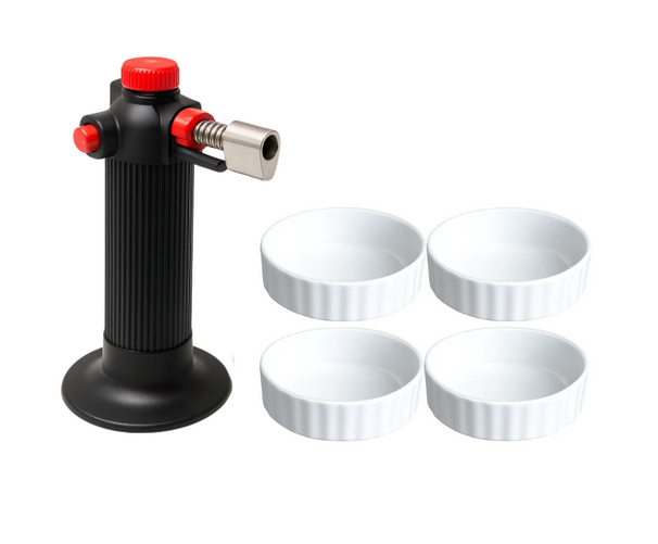 Cookinglife Crème Brûlée Set - Crème Brûlée Dishes ø 12 cm 4 Pieces + Crème Brûlée Torch